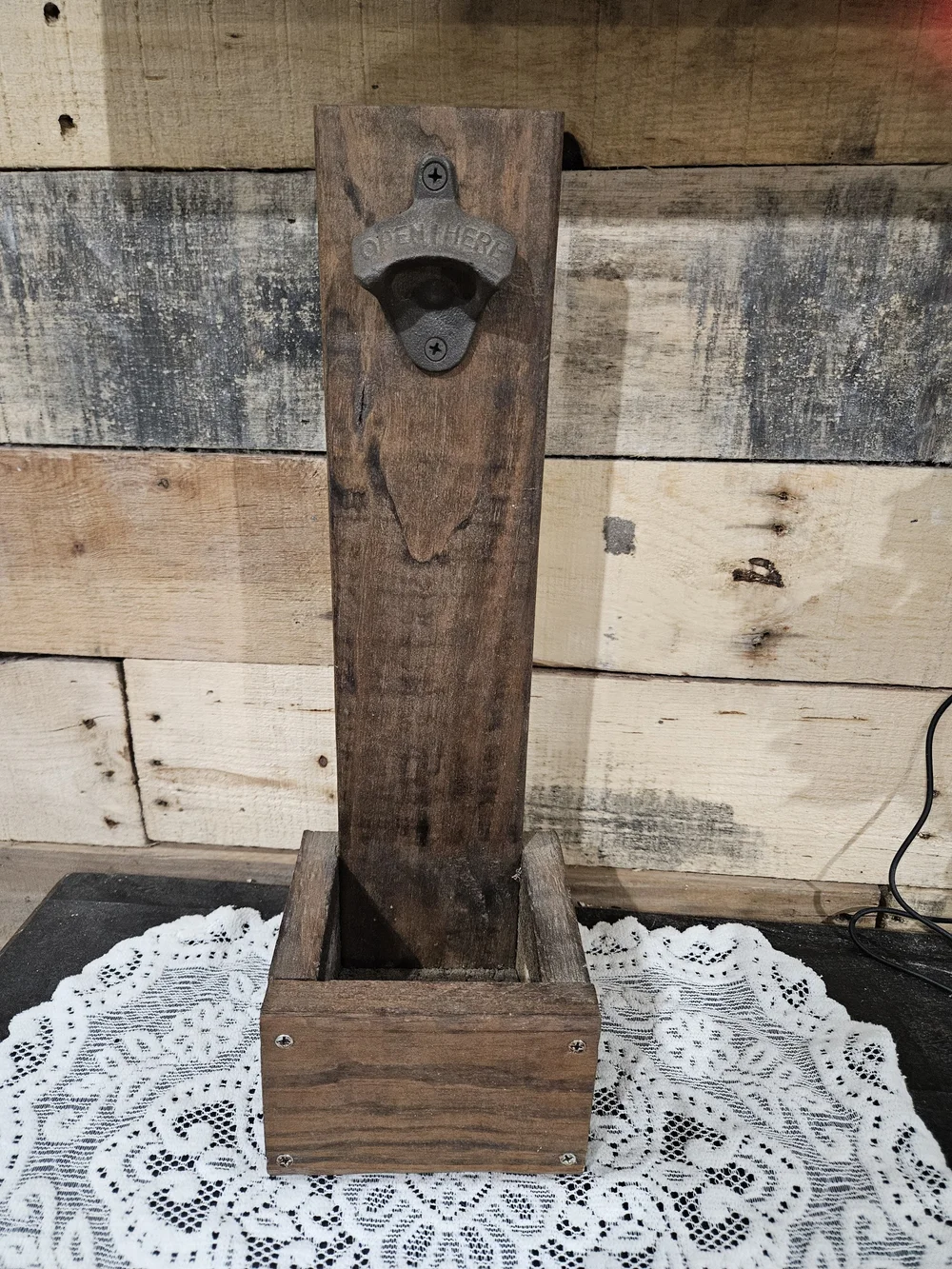 Rustic Wall-Mounted Bottle Opener with Cap Catcher - Brown
